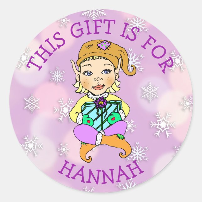 This Gift is For, Girl Elf with Gift Classic Round Sticker (Front)