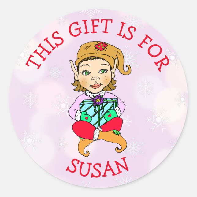This Gift is For, Girl Elf with Gift Purple Classic Round Sticker (Front)