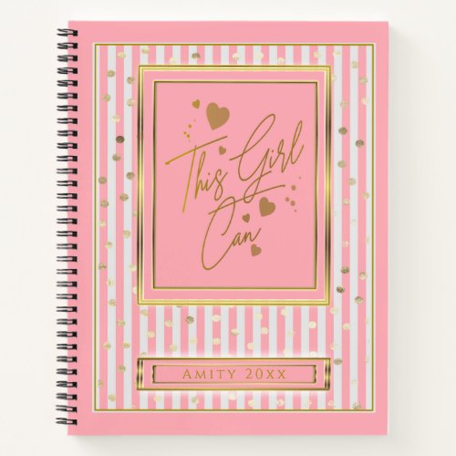 This Girl Can Pink  White Stripes Gold Polka Dot  Notebook