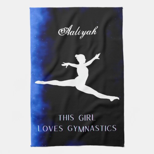 This Girl Loves Gymnastics Black Blue White   Kitchen Towel