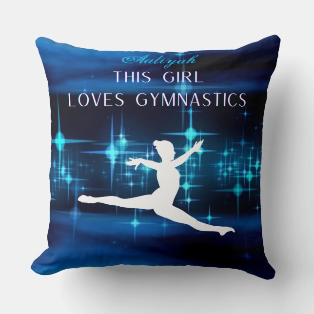 This Girl Loves Gymnastics Black, Blue, White  Thr Throw Pillow (Front)