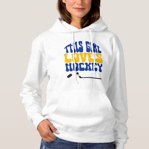 This Girl Loves Hockey Retro Blue Pink and Yellow Hoodie