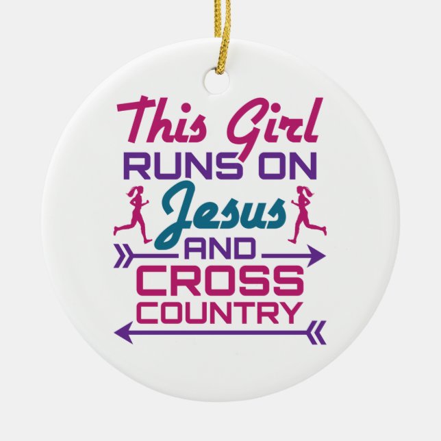 This Girl Runs on Jesus and Cross Country Ceramic Ornament (Front)
