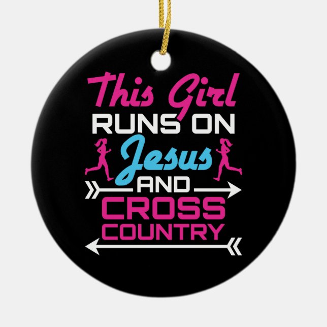 This Girl Runs on Jesus and Cross Country Cute Ceramic Ornament (Front)