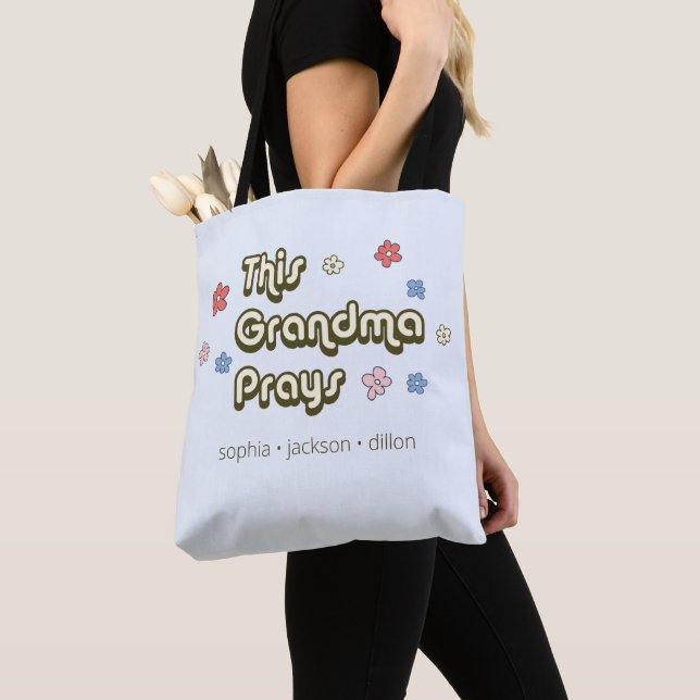 This Grandma Prays Retro Light Blue Tote Bag (Close Up)