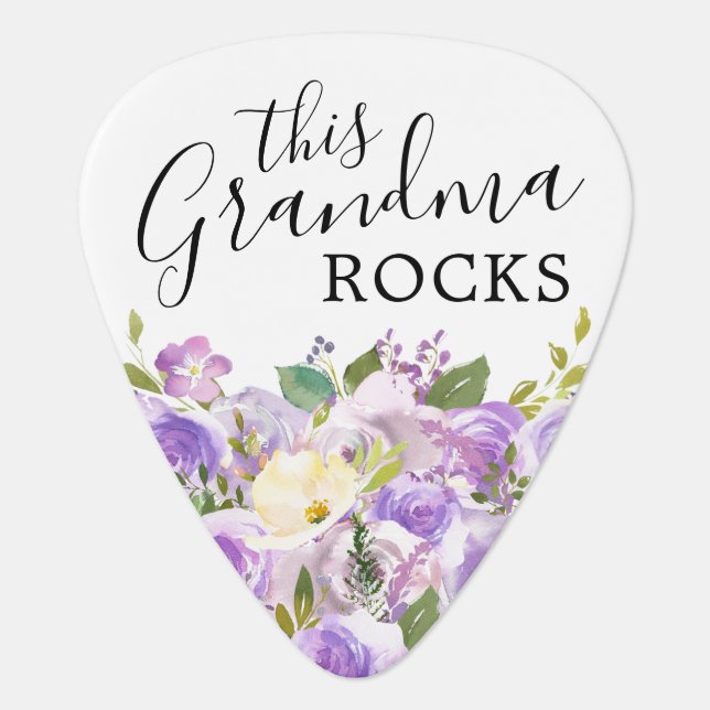 This Grandma Rocks Purple Floral Guitar Pick (Front)