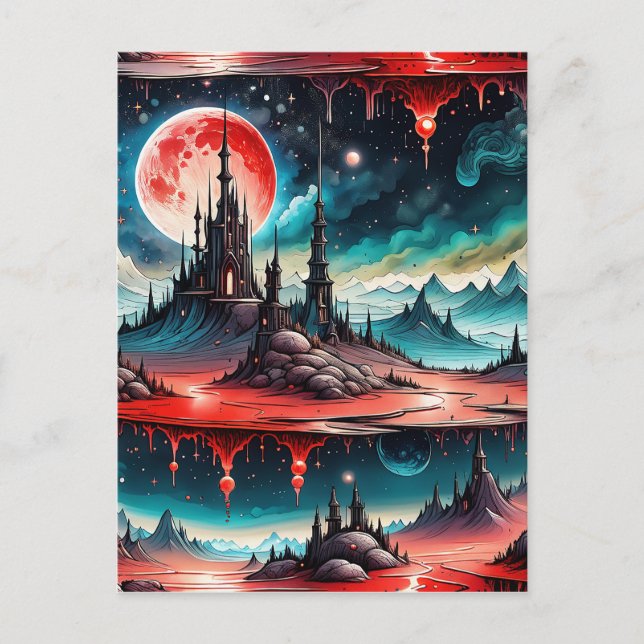 This image is of a highly detailed science fiction postcard (Front)