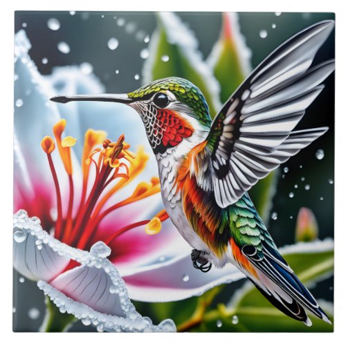 This is a beautiful frosted hibiskus hummingbird b ceramic tile