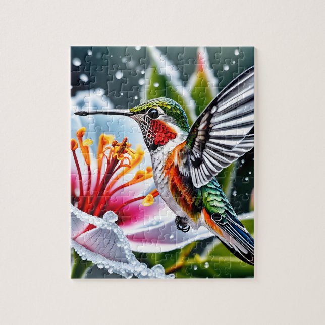 This is a beautiful frosted hibiskus hummingbird b jigsaw puzzle (Vertical)