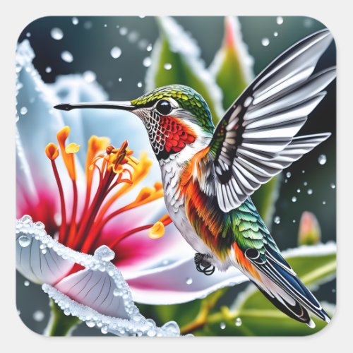This is a beautiful frosted hibiskus hummingbird b square sticker