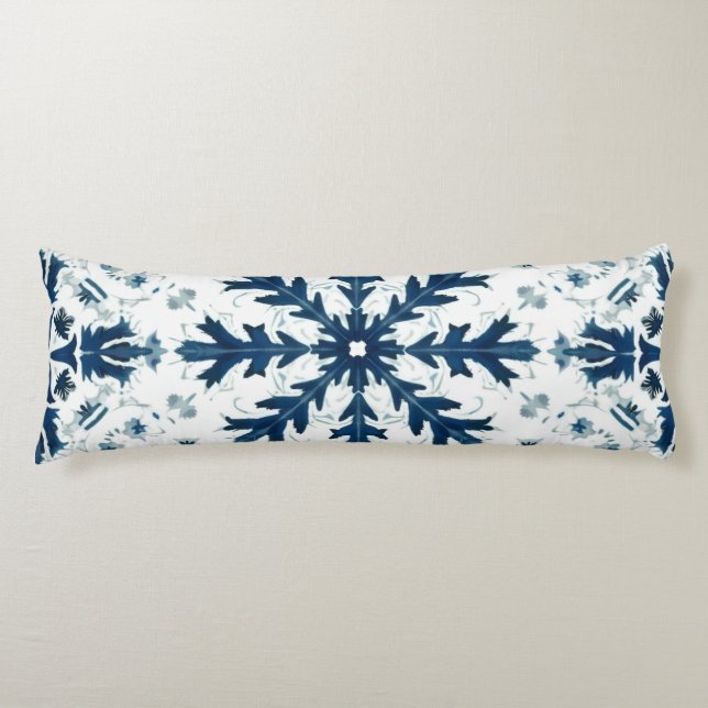 This is a body pillow. It has a snow crystal patte Pillow (Front)