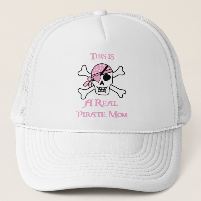 This is a Real Pirate Mom - Pink Skull Trucker Hat (Front)