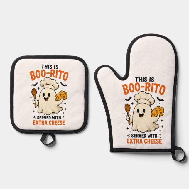 This Is Boo-Rito Served with Extra Cheese” Design Oven Mitt & Pot Holder Set (Front)