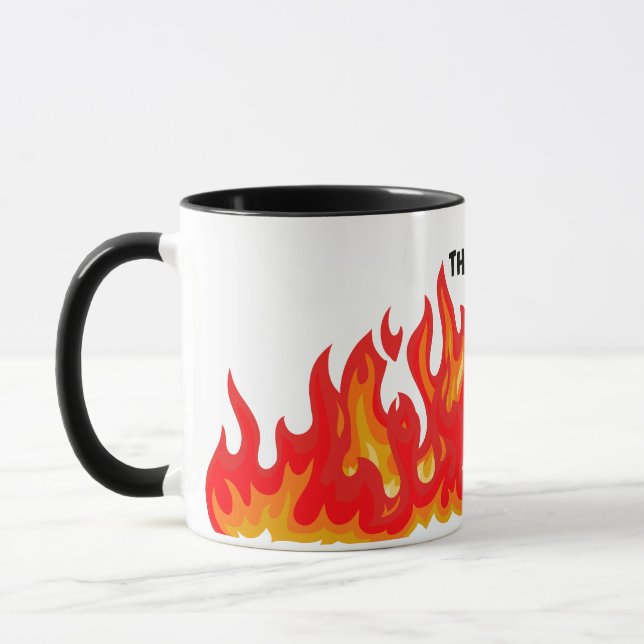 "This is fine" (black + fire and flames) Mug (Left)