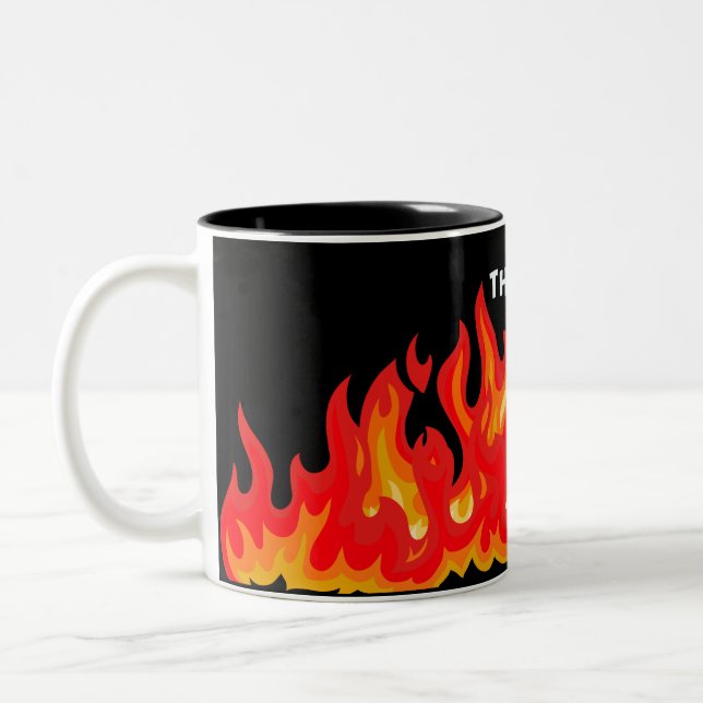 "This is fine" (white + fire and flames) Two-Tone Coffee Mug (Left)