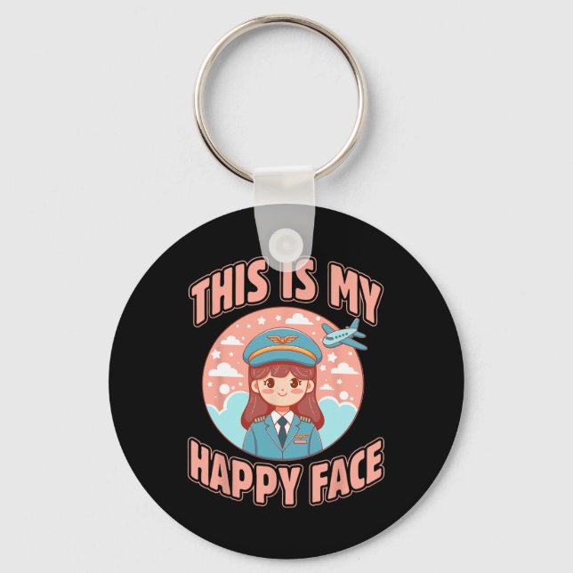 This Is My Happy Face Funny Woman Pilot Airplane  Keychain (Front)