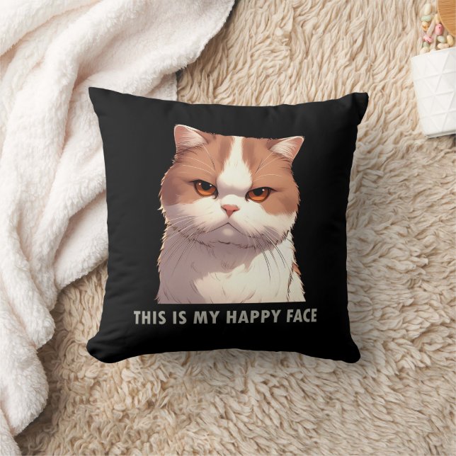 This is my Happy Face Moody Cat Black Throw Pillow (Blanket)