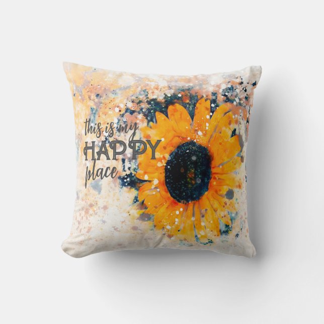 this is my happy place sunflower watercolor  throw pillow (Front)