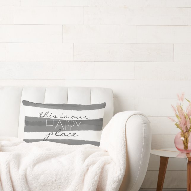  this is our  happy place text  on gray & white lumbar pillow (Couch)