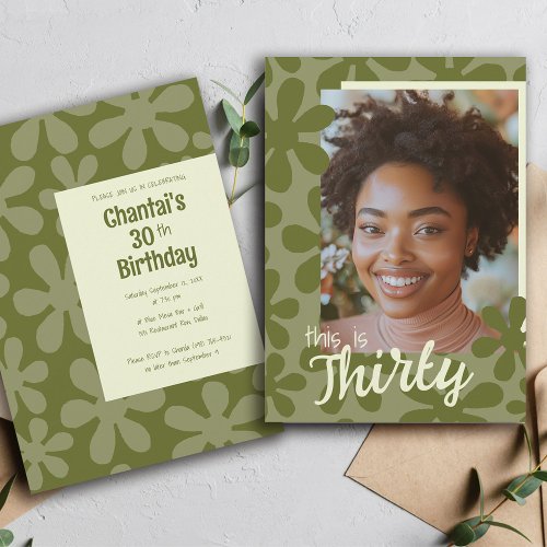 This is Thirty Retro Groovy Flower Photo Birthday Invitation