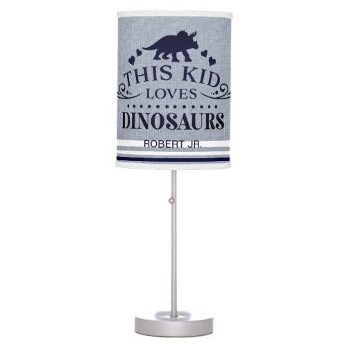 This kid loves Dinos blue linen stripe custom name Table Lamp