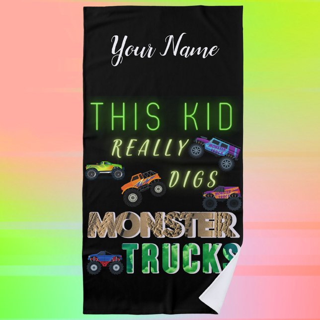 This Kid Really Digs Monster Trucks Beach Towel (Creator Uploaded)