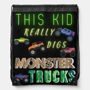 This Kid Really Digs Monster Trucks Drawstring Bag