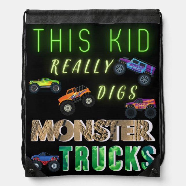 This Kid Really Digs Monster Trucks Drawstring Bag (Front)