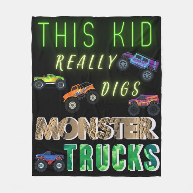 This Kid Really Digs Monster Trucks Fleece Blanket (Front)