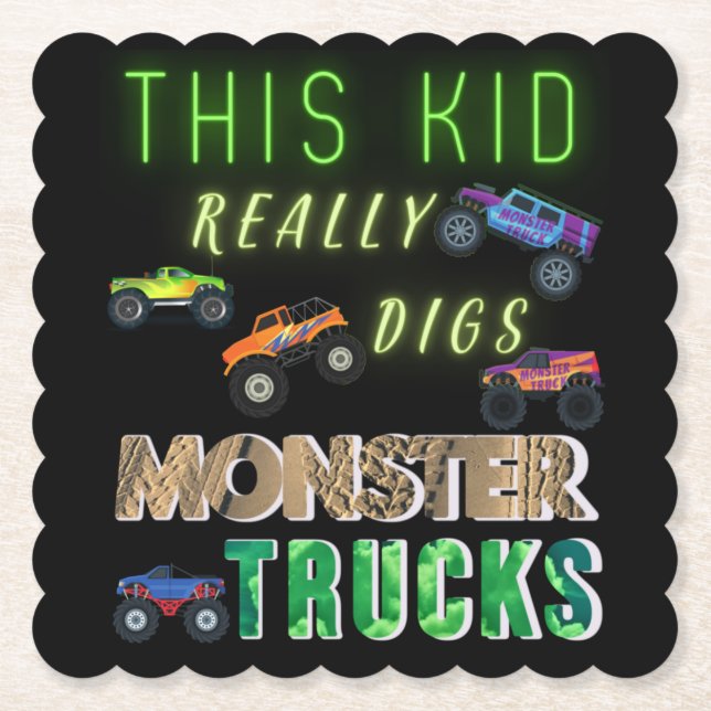 This Kid Really Digs Monster Trucks Paper Coaster (Front)