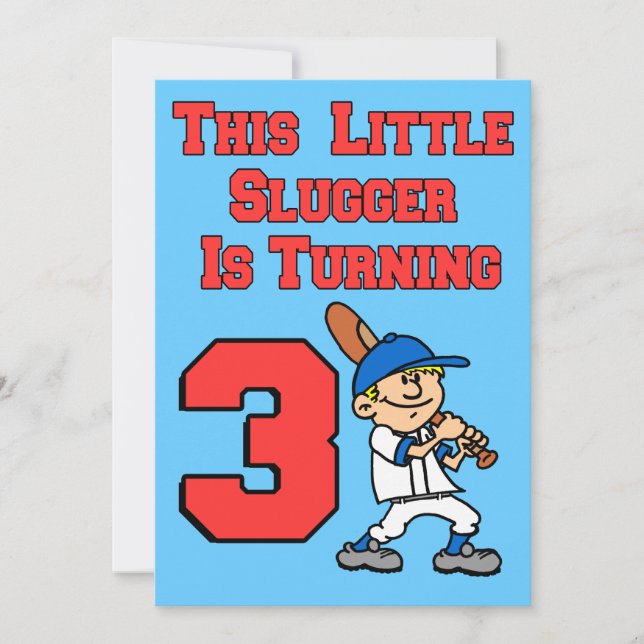This Little Slugger Is Turning 3 Baseball Theme Invitation (Front)