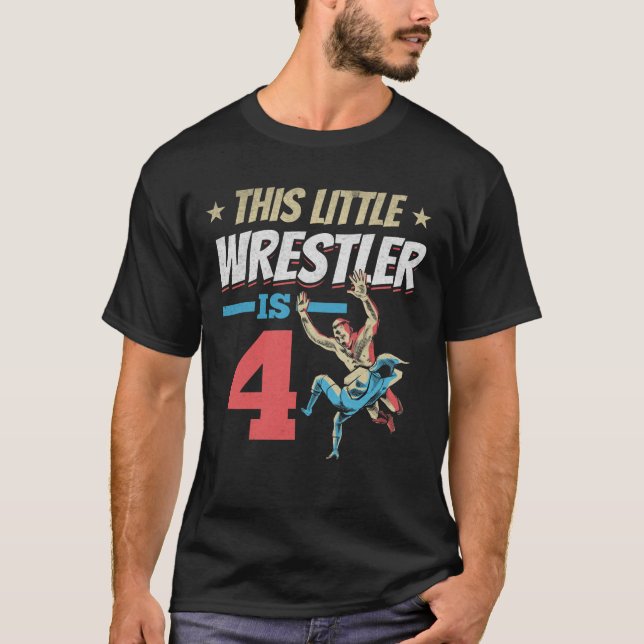 This Little Wrestler Is 4 Wrestling Birthday Boy T-Shirt (Front)