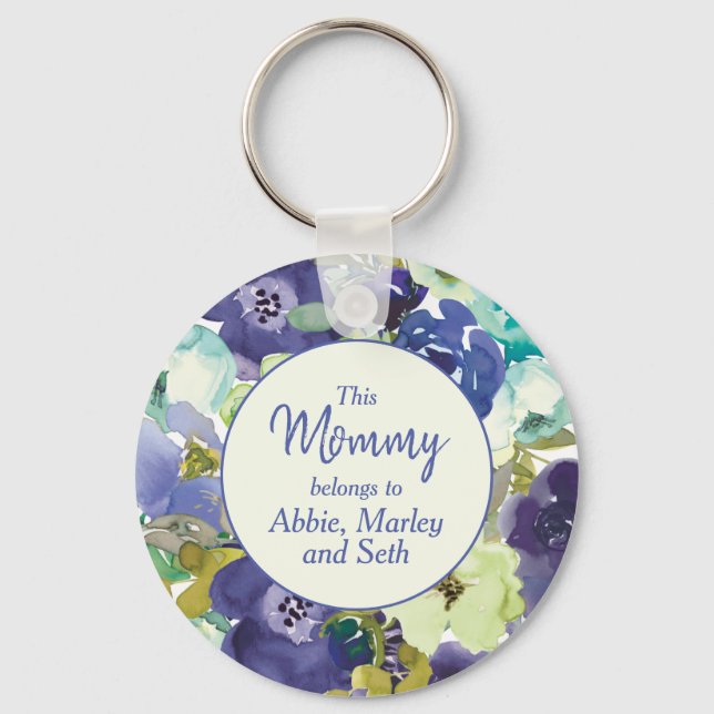 This Mommy Belongs to Navy Blue Yellow Floral Keychain (Front)