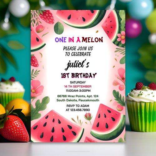 This pink summer one in a melon first 1st birthday invitation