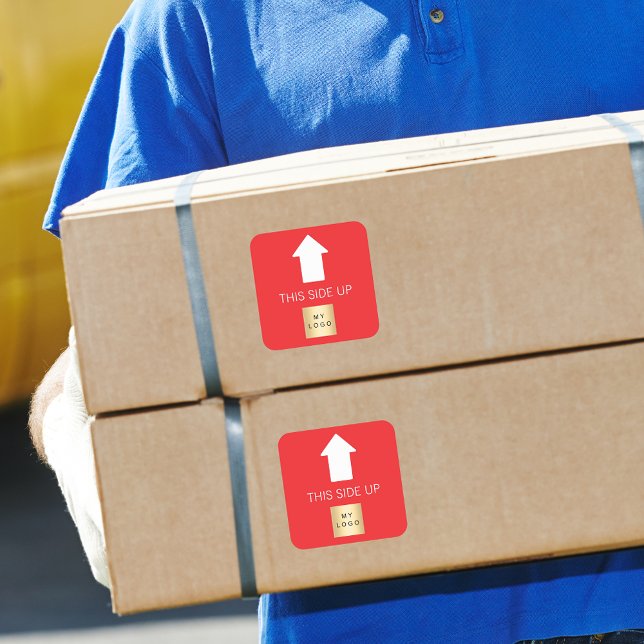 This side up red arrow white business logo square sticker (Creator Uploaded)