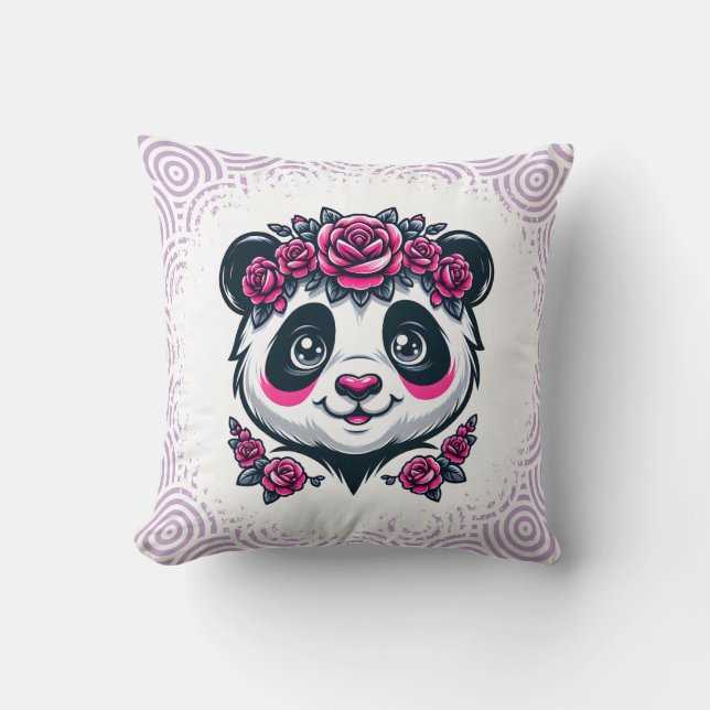 This smiling panda framed by pink roses blends exo throw pillow (Front)