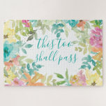 This Too Shall Pass Pink Blue Floral Watercolor Jigsaw Puzzle<br><div class="desc">Modern and colorful summer floral watercolor features pink,  turquoise blue,  yellow and orange flowers. They form rustic,  boho chic,  botanical frame around your name and monogram.  A dash of gold glitter adds some sparkle and girly-girl glam.</div>