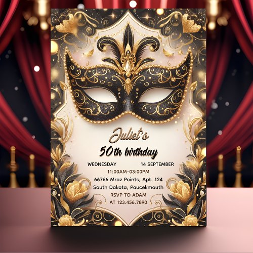 This Tutu Black Gold Chic Masquerade 50th Birthday Invitation