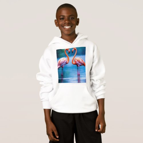 This vibrant hoodie design with flamingos