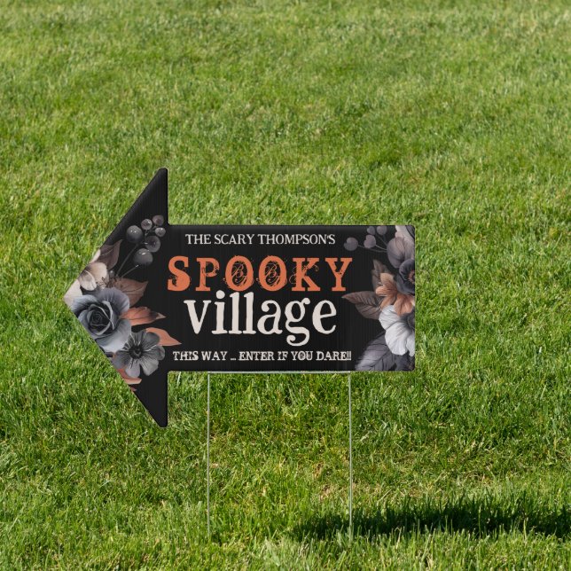 This Way to Spooky Village Florals Halloween Arrow Sign (Insitu)