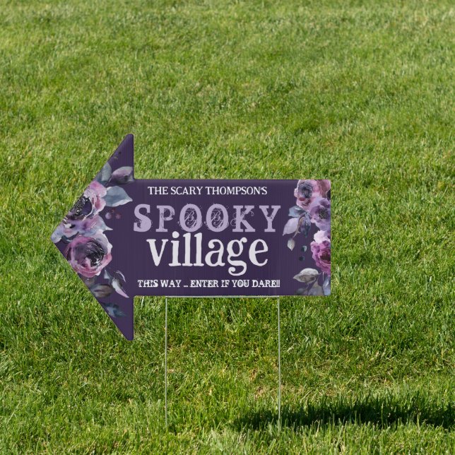 This Way to Spooky Village Florals Halloween Arrow Sign (Insitu)