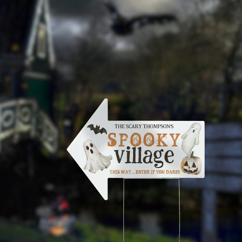 This Way to Spooky Village White Halloween Arrow Sign