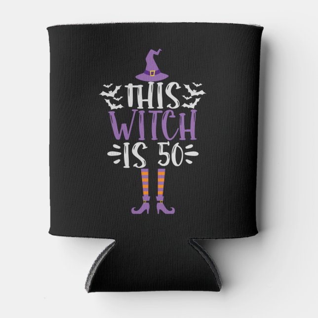 This Witch is 50th Funny Spooky Halloween Birthday Can Cooler (Front)