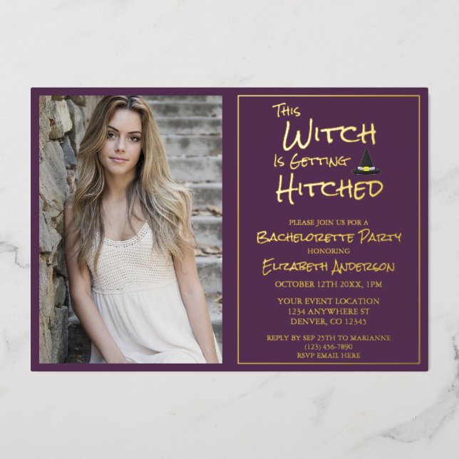 This Witch Is Getting Hitched Bachelorette Party Foil Invitation (Front)