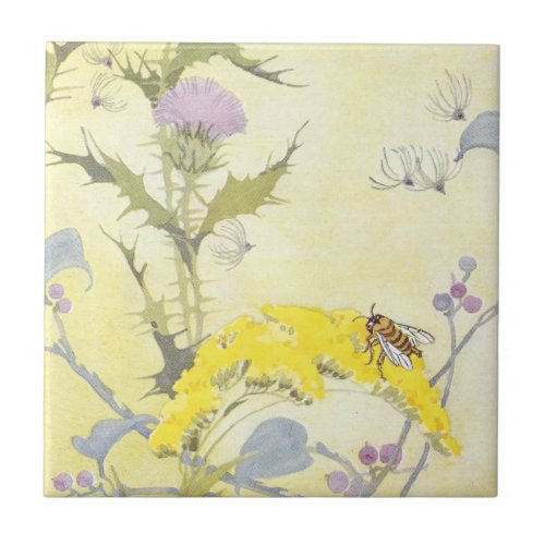 Thistle and Bee on Goldenrod Tile