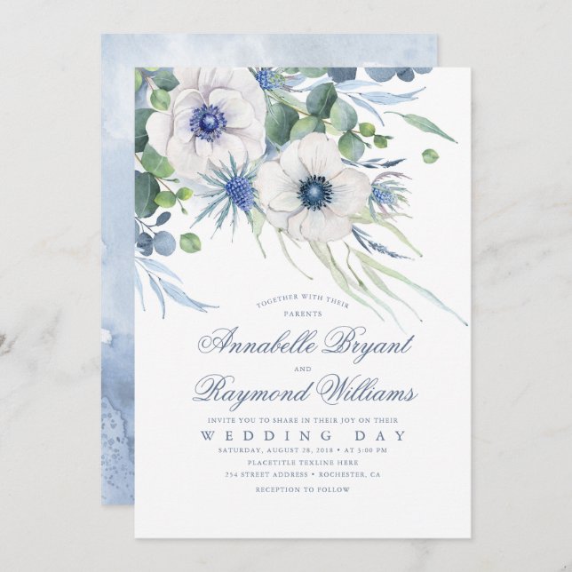 Thistle Anemone Greenery Dusty Blue Wedding Invitation (Front/Back)