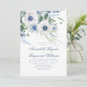 Thistle Anemone Greenery Dusty Blue Wedding Invitation (Standing Front)