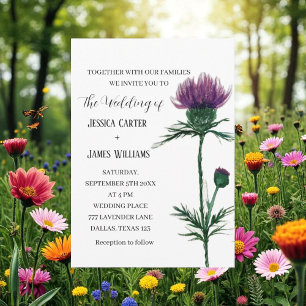 Thistle Cornflowers Watercolor Rustic Wedding Invitation