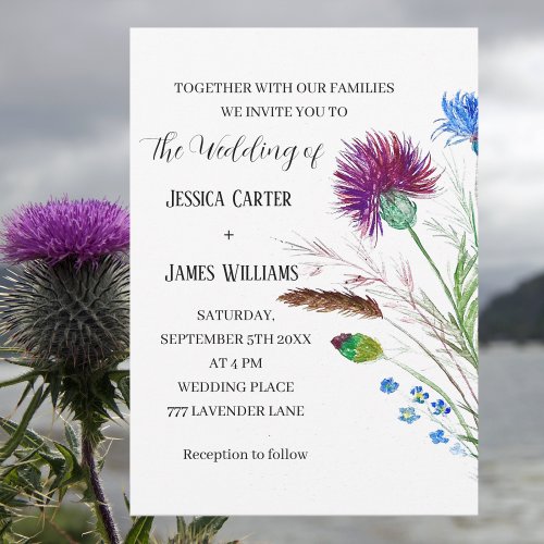 Thistle Cornflowers Watercolor Rustic Wedding Invitation