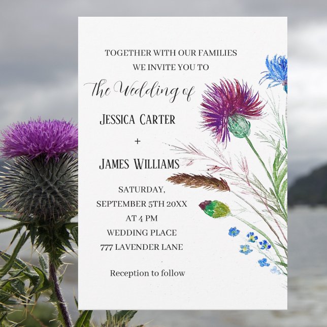 Thistle Cornflowers Watercolor Rustic Wedding Invitation (Creator Uploaded)